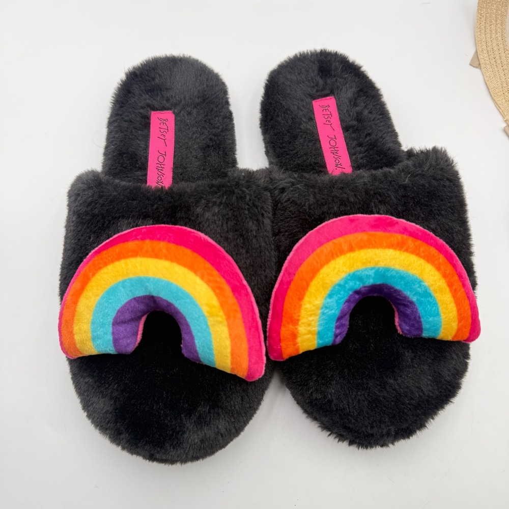 Betsey Johnson Rainbow Faux Fur Slippers Black Plush Slides Women's L 9-10